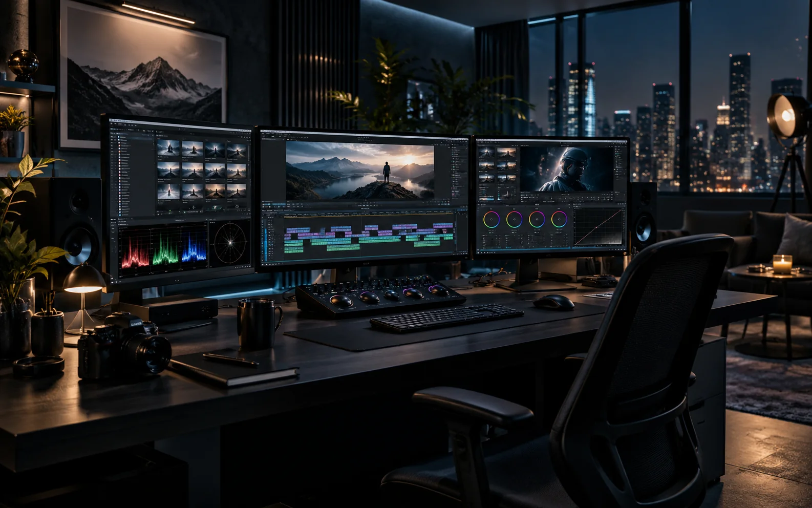 Professional cinematic video editing and color grading workstation
