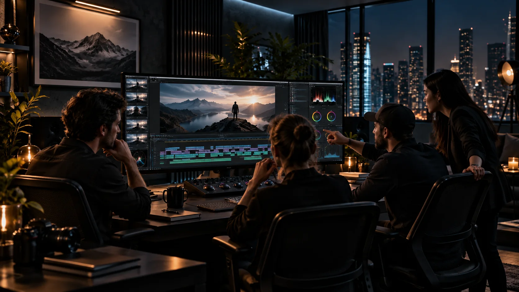 Team reviewing cinematic color grading and final visuals