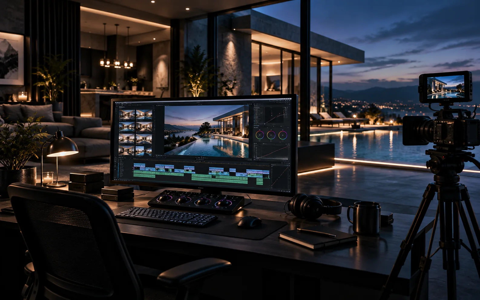 Real estate video editing workstation with luxury property footage