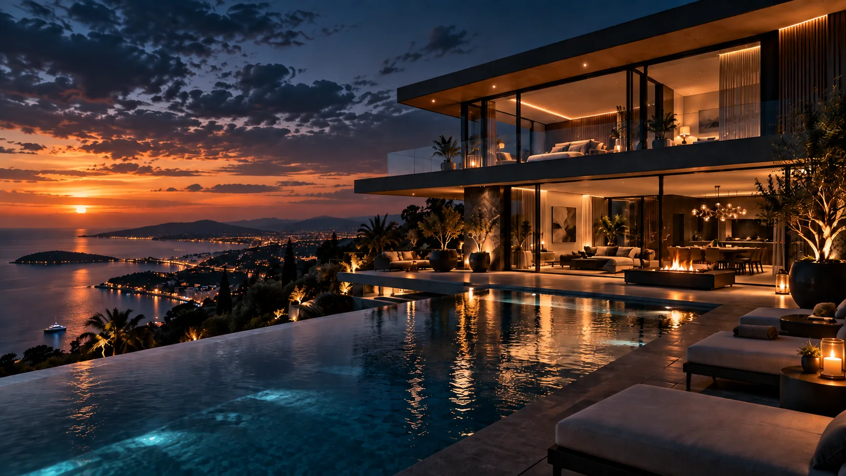 Cliffside luxury villa at twilight for property showcase
