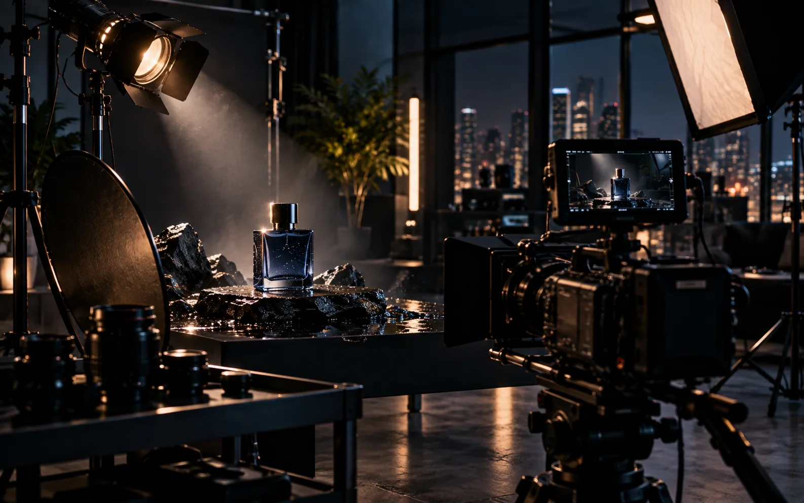Commercial product video production setup for a premium fragrance